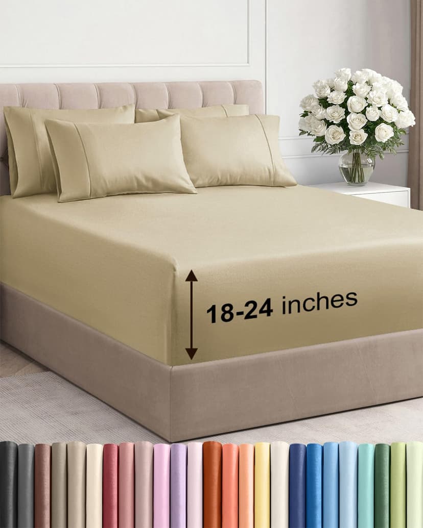 Extra Deep Queen Sheet Set - 6 Piece Breathable and Cooling Sheets - Beige | Hotel Luxury Bed Sheets Set, Easy & Secure Fit, Ultra-Soft, Wrinkle & Fade Free, Comfy Sheets Set with Extra Deep Pockets