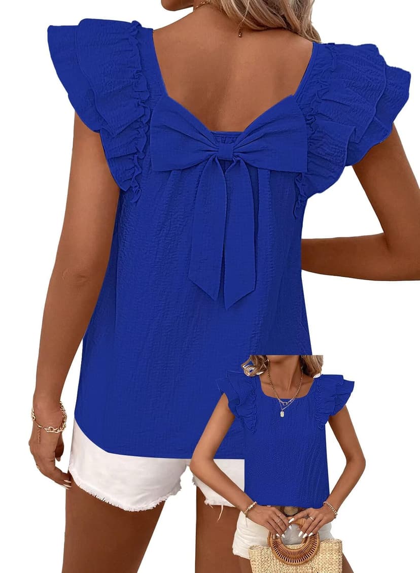 Falechay Womens Bow Tie Back Tops Round Neck Ruffle Short Sleeve Shirts Cute Babydoll Chiffon Tee Women Summer Trendy Tunic