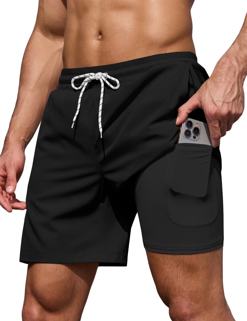 COOFANDY Men's 7" Swim Trunks with Compression Liner Stretch Swimming Shorts with Zipper Pockets