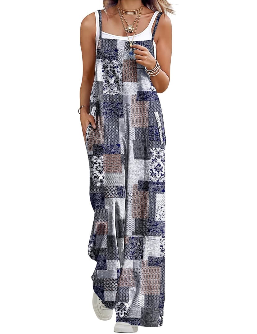 YESNO Women's Summer Boho Cotton Casual Jumpsuits Wide Leg Overalls Floral Print Baggy Rompers with Pockets PZZCR