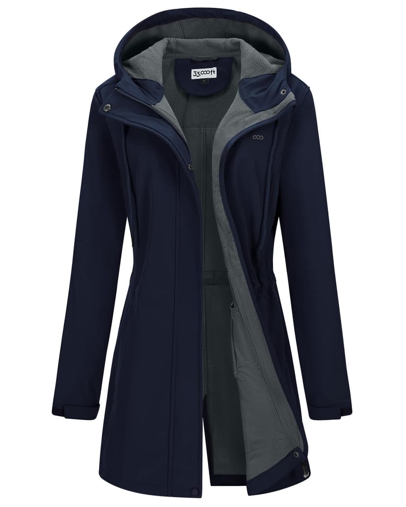 33,000ft Women's Hooded Softshell Jacket Fleece Lined Waterproof Raincoat | Long Insulated Warm Rain Jacket, Zip Up Windproof Windbreaker, Lightweight Trench Coat for Spring Fall Winter Outdoor Travel