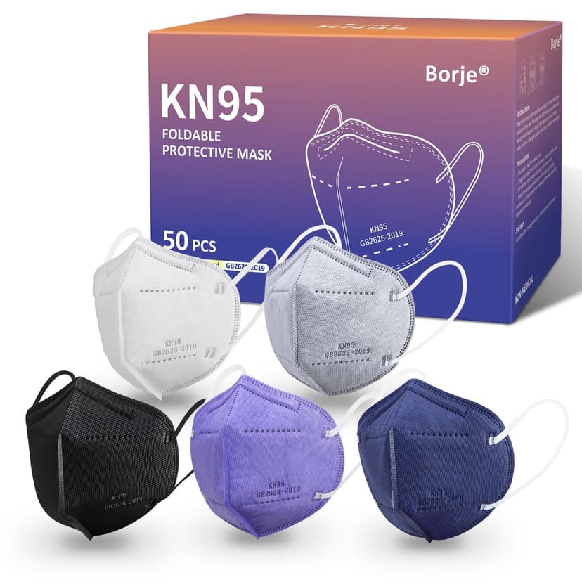 Borje KN95 Face Masks for Adults, 50 Pcs, 5-Ply Protection, Multicolor | Breathable Material, Filtration Efficiency ≥ 95%, 3D Shape, Great Fit