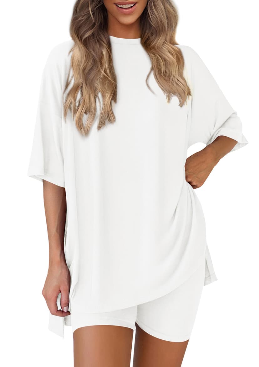 PRETTYGARDEN Women 2 Piece Lounge Set Airport Travel Outfit | Matching Summer Athleisure Sets, Short Sleeve Oversized Tshirts, Biker Shorts with Pockets, Casual Spring Cruise Clothes