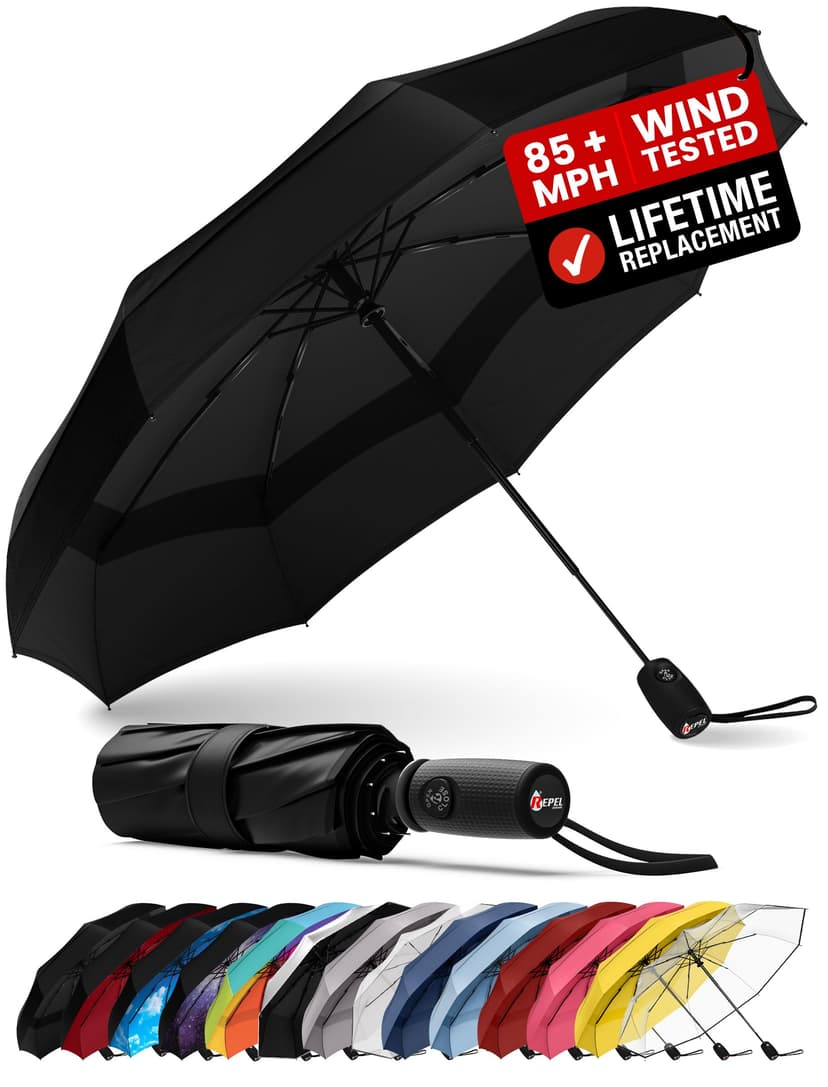 REPEL Windproof Travel Umbrella - Compact & Withstands Winds up to 85MPH , Strongest Premium Auto Folding Umbrella for Rain and Sun - Durable, Light & Portable for Women & Men , Fits Backpack & Cars