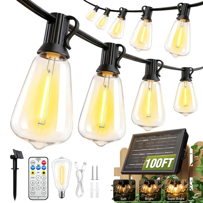100FT Solar String Lights Outdoor Waterproof with Remote & Timer, LED Shatterproof ST38 Bulbs, USB & Solar Powered Patio Lights for Backyard, Porch, Garden, Wedding Decor, Dusk to Dawn Lighting