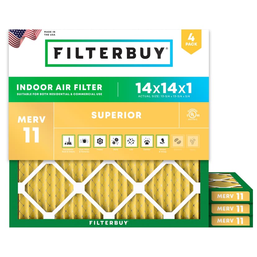 Filterbuy 14x14x1 Air Filter MERV 11 Superior Pet & Allergy Defense (4-Pack), Electrostatic Pleated HVAC AC Furnace Filters Replacement (Actual Size: 13.75 x 13.75 x 0.75)