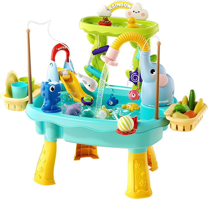 Lorveina 2027 Upgraded 4-in-1 Sand Water Table for Toddlers 1-3, Kids Sensory Table with Electric Water Pump & Elephant Faucet, Play Kitchen Sink with Food Accessories, Fishing Toy (Blue)