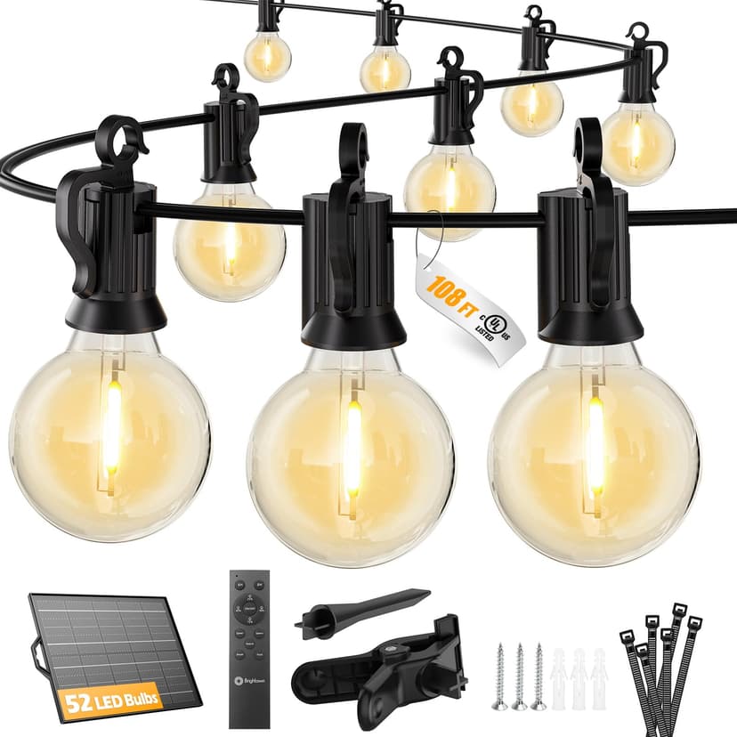 Brightown 108FT 52LED Solar String Lights Outdoor with Remote & USB Port, Shatterproof Bulbs, Dimmable & Timable, 3 Modes, Patio Lights Solar Powered with Mount Clips for Camping Backyard Garden Decor