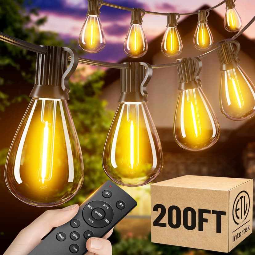 Amzrap 200FT Outdoor String Lights with Remote, Waterproof Patio Lights with 72+2 Shatterproof LED Bulbs, Low Voltage Adapter for Backyard Garden Porch Bistro Decor, Timer & Dimmer Modes