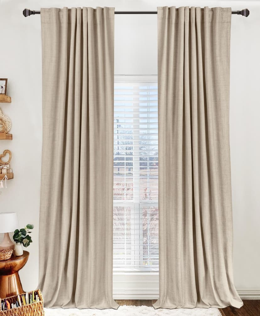 100% Blackout Shield Linen Blackout Curtains for Bedroom 84 Inches Long, Back Tab/Rod Pocket Living Room Drapes, Thermal Insulated Blackout Curtains 2 Panels Set, 50" W x 84" L, Oatmeal