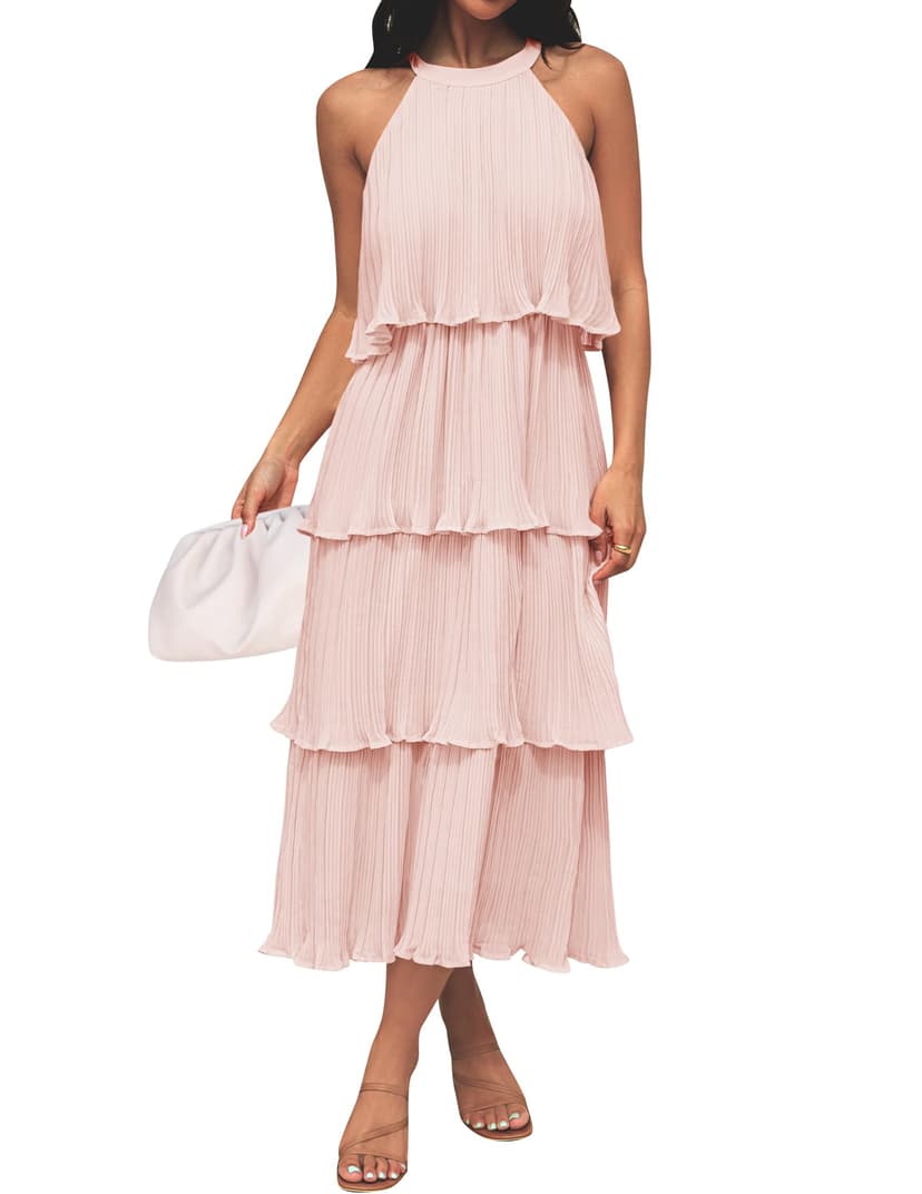 ZESICA Women's 2026 Summer Sleeveless Halter Neck Ruffle Tiered Layed Chiffon Flowy Swing Long Midi Dress