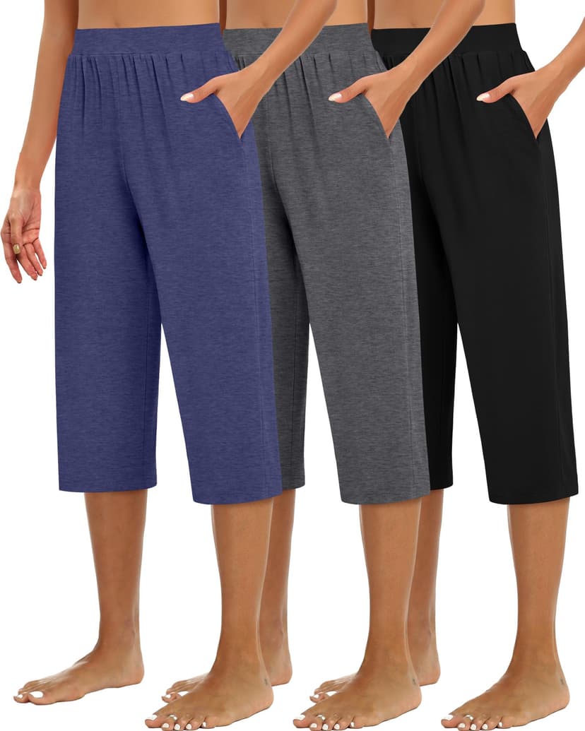 Huukeay 3 Pack Women's Capri Sweatpants Cozy Wide Legs Cropped Capri with Pockets Lounge Jogger Pants Workout Yoga Solid