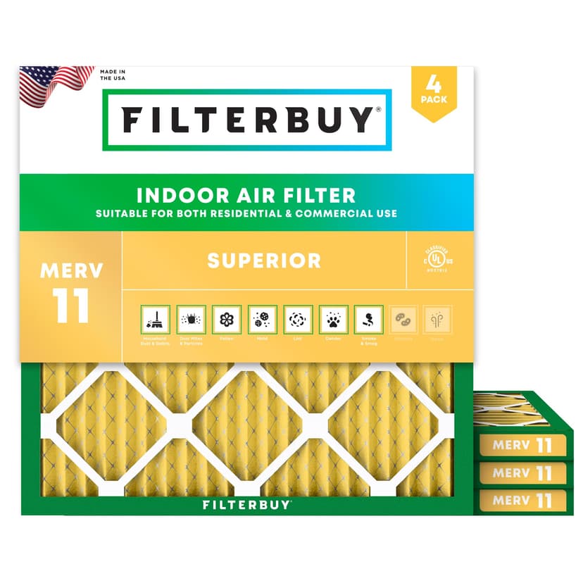 Filterbuy 25x25x1 Air Filter MERV 11 Pet & Allergy Defense (4-Pack) | Electrostatic Pleated HVAC AC Furnace Filters Replacement, Made in USA (Actual Size: 24.50 x 24.50 x 0.75)