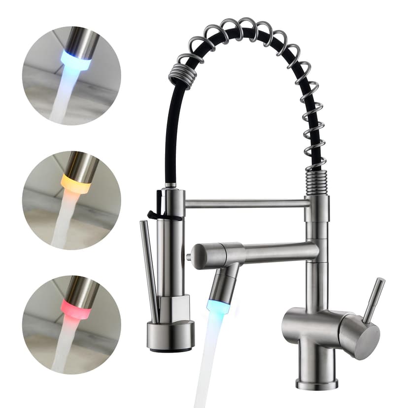 VFAUOSIT Kitchen Faucet with Pull Down Sprayer, Brushed Nickel LED Light | Dual Outlets, Hands-Free Spray Lock, 360° Swivel, cUPC/CEC Certified, 10-Minute Tool-Free Setup, Ceramic Disc Valve