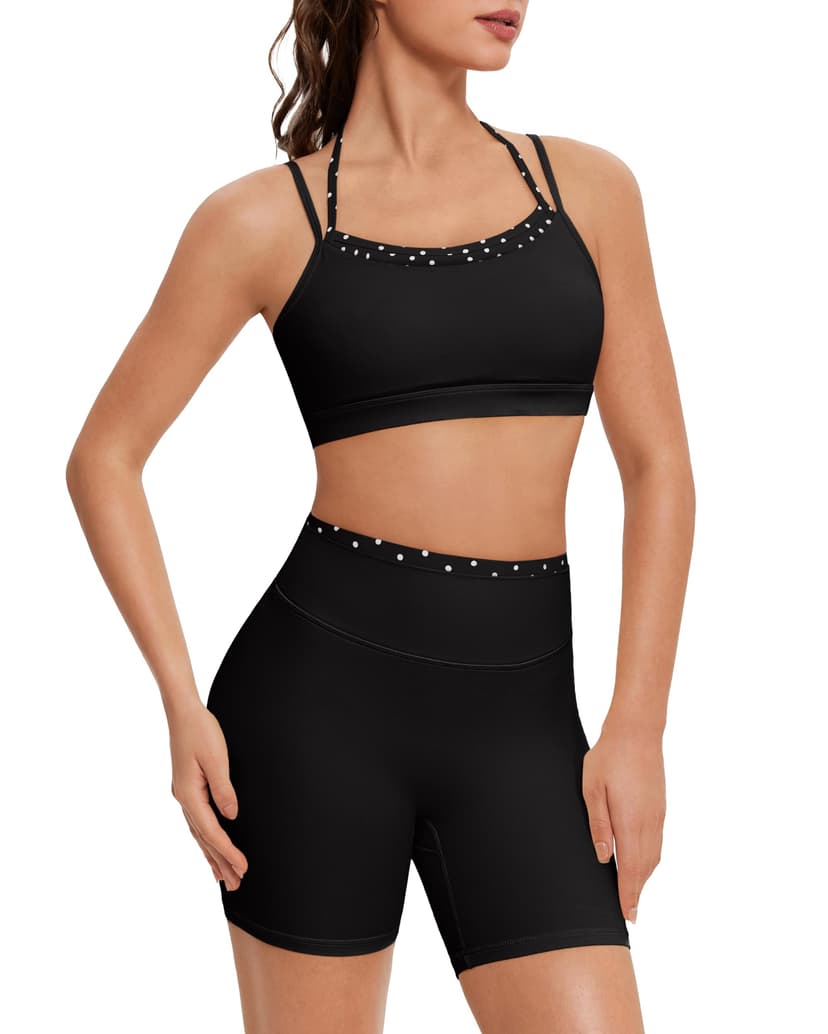 OMKAGI Workout Sets for Women Cute Doubel Layer Open Back Sports Bras Gym Shorts Outfits