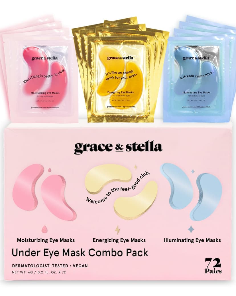 grace & stella Under Eye Mask - Reduce Dark Circles, Puffy Eyes, Undereye Bags, Wrinkles - Gel Under Eye Patches, Mothers Day Gifts Bulk - Vegan Cruelty-Free Self Care (72 Pairs, Gold, Pink, & Blue)