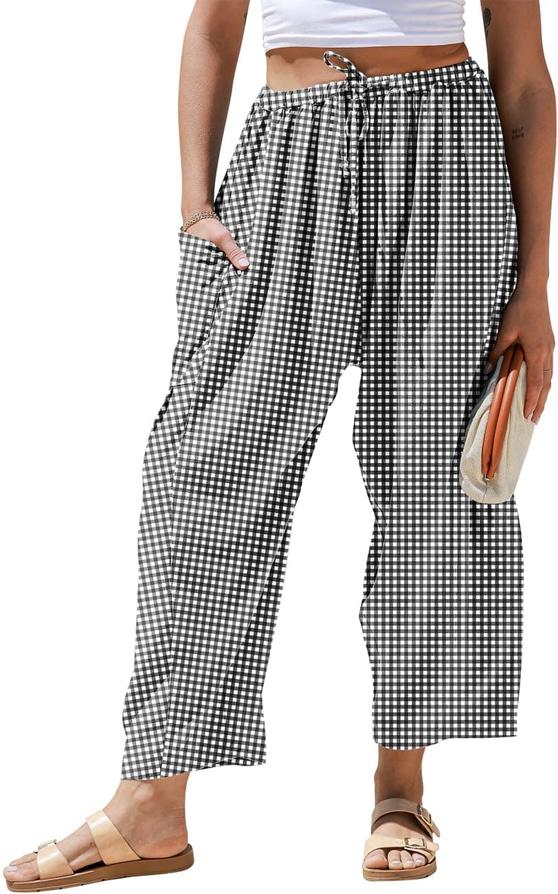 TARSE Womens Linen Wide Leg Striped Pants Casual Barrel Palazzo Harem Pants | Gingham Pants, Loose Fit Drawstring Baggy Pants, Side Pockets, Lounge Pants, Beach Travel Vacation Trousers