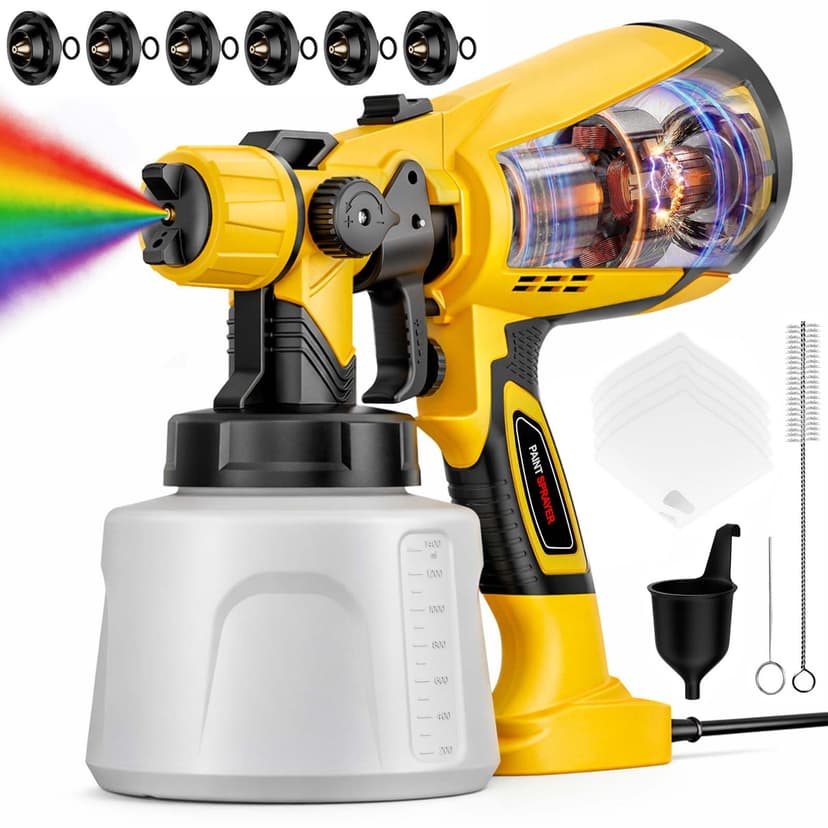 Paint Sprayer, 1000W Stain Sprayer with 3 Spray Patterns & 6 Nozzles | Large Container, Easy to Use & Clean, Even Coating for House Painting, Furniture, Cabinets, Fence, Wall, DIY