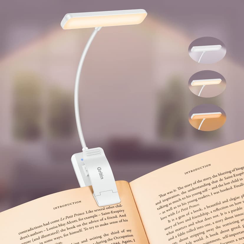Gritin 19 LED Rechargeable Book Light for Reading in Bed with Memory Function- Eye Caring 3 Color Temperatures,Stepless Dimming Brightness,90 Hrs Runtime Clip on Light for Book Lovers-White