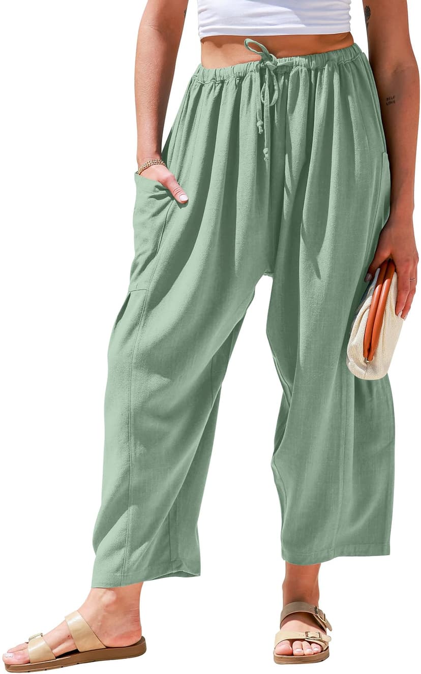 TARSE Womens Linen Wide Leg Pants Casual Palazzo Harem Pants with Pockets | Loose Fit Drawstring Baggy Pants, Casual Summer Pants, Lounge Barrel, Summer Beach Travel Vacation Trousers