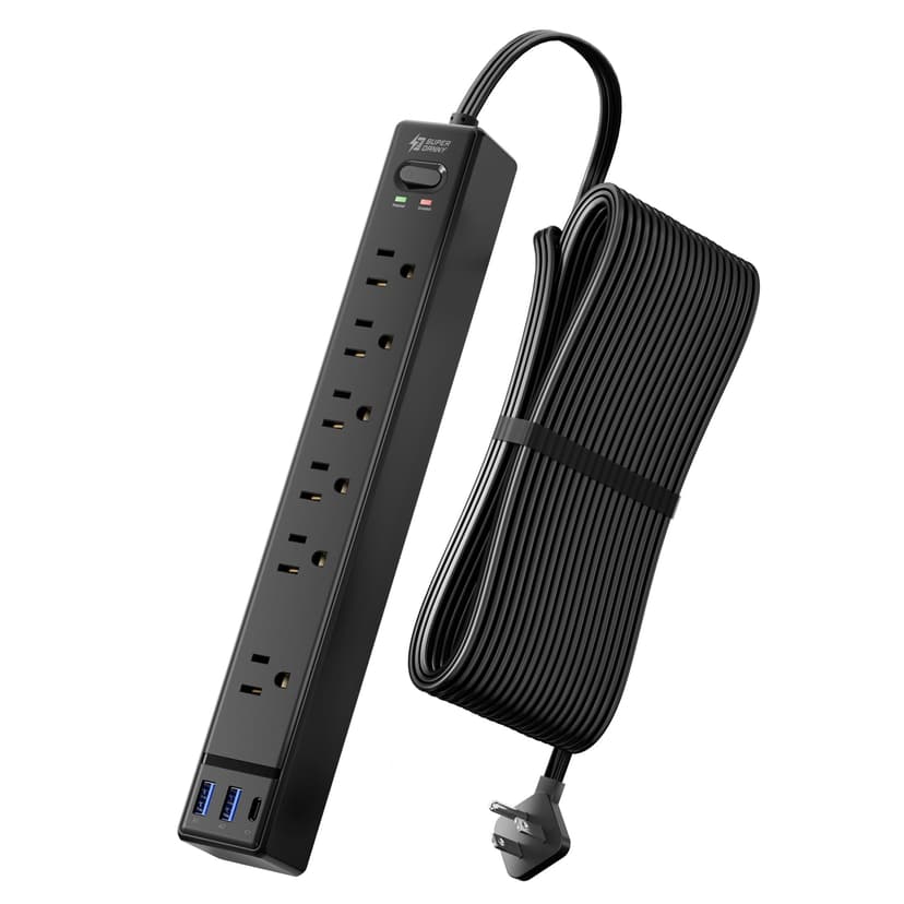 20Ft Long Extension Cord, SUPERDANNY Flat Plug Surge Protector Power Strip | 6 Outlets & 3 USB, Flat Plug Power Strip Wall Mountable, Desk Charging Station for Home, Office, College Dorm Room Essentia