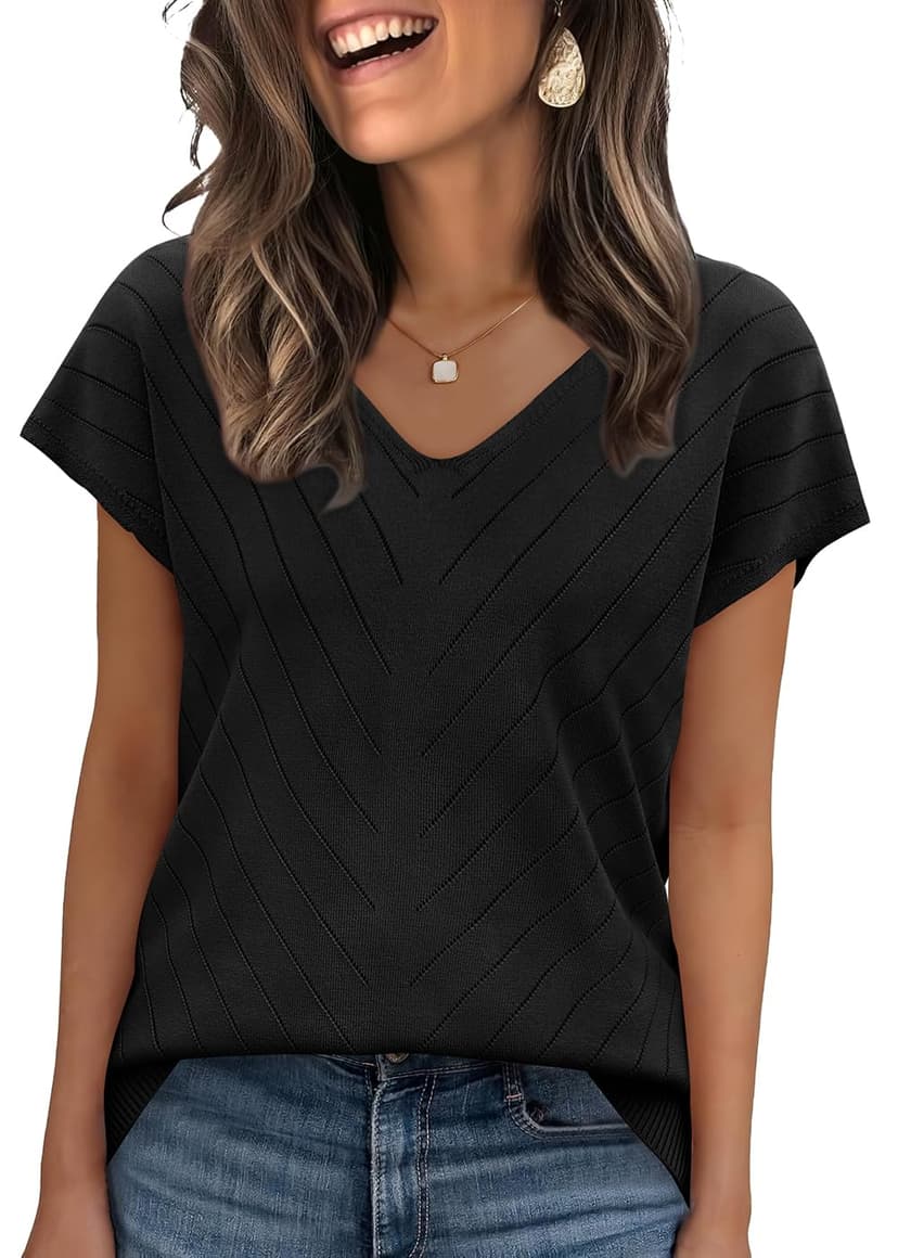 WIHOLL Short Sleeve Sweater for Women V Neck Trendy Summer Tops 2026 Beach Vacation Clothes Travel Business Casual Outfits