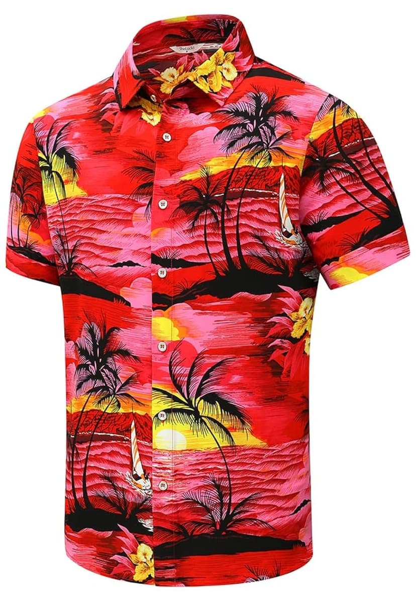 SheLucki Hawaiian Shirt for Men, Unisex Summer Beach Casual Short Sleeve Button Down Shirts, Printed Palmshadow Clothing