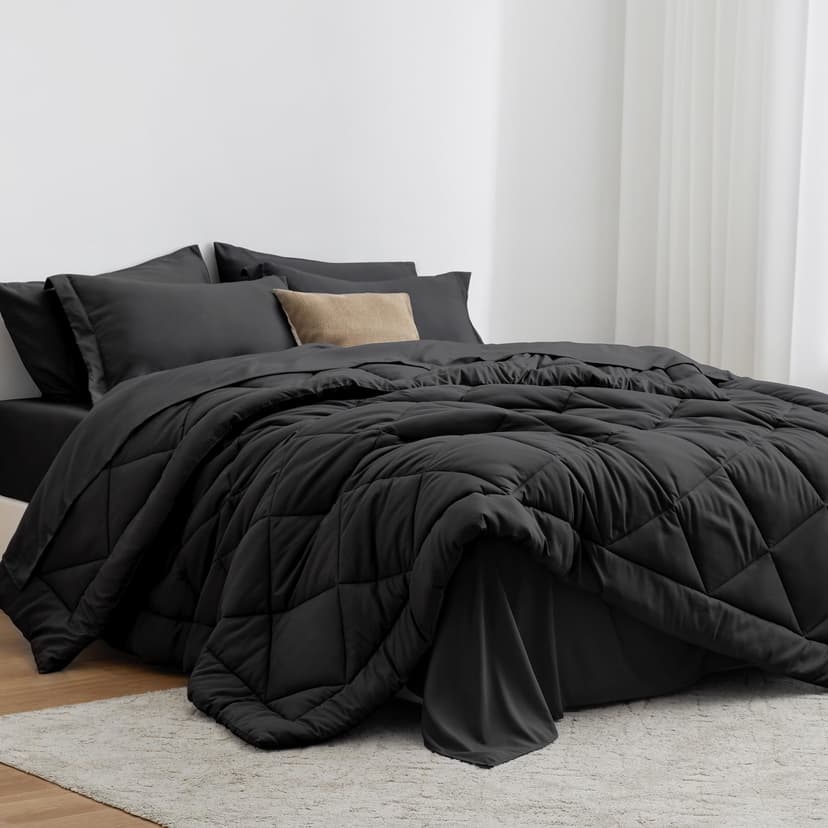 Love's cabin King Size Comforter Set Black, 7 Pieces King Bed in a Bag, All Season Bedding Sets with 1 Comforter, 1 Flat Sheet, 1 Fitted Sheet, 2 Pillowcase and 2 Pillow Sham | Soft