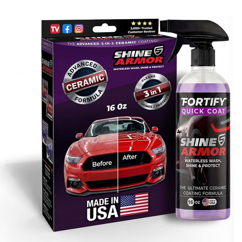 Car Wax Spray and Ceramic Coating for Cars - 3 in 1 Waterless Car Wash and Detailing - Quick Effect Coating Agent for Car - High Gloss Top Coat, Shiny Car Stuff by Shine Armor - Protective Wax 16FlOz
