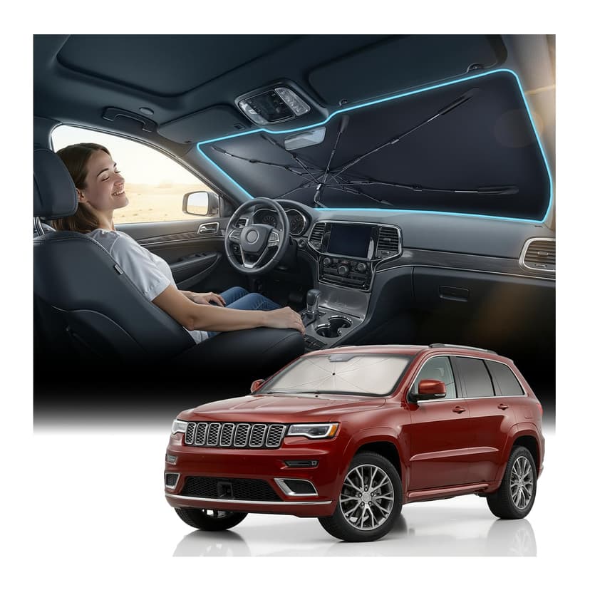 Nmoiss Windshield Sun Shade Umbrella for Jeep Grand Cherokee 2011-2026 Accessories, [Vinyl Coating Heat Shield] Protect Car from Sun Rays & Heat Damage Keep Cool and Protect Interior