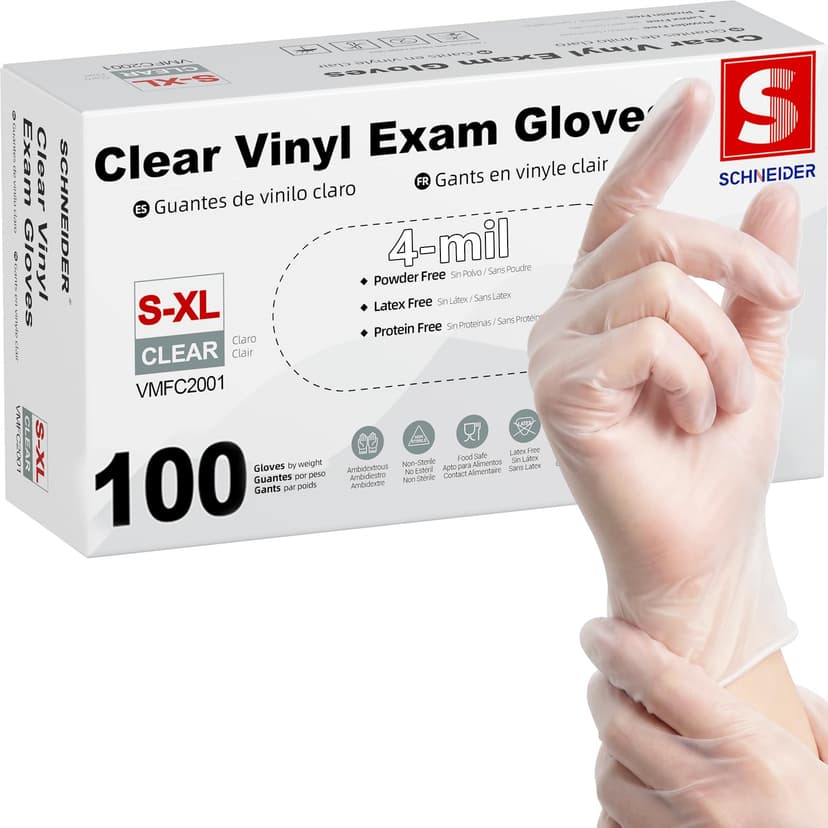 Schneider Medical Vinyl Exam Disposable Gloves Latex Free | Powder free, clear，Food Safe, Cleaning, Exam，Cooking，Food Prep， Comfortable Fit, Ambidextrous, Unisex