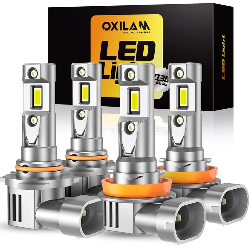 OXILAM H11/H9/H8 9005/HB3 LED Light Bulbs Combo, 100,000 Lumens 1200% Brighter 6500K Cool White H11 9005 Bulbs, IP68 Waterproof, 1:1 Beam Design, 60000Hrs Lifespan, No Flicker, Pack of 4