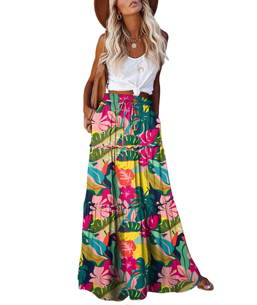 EARKOHA Womens Boho Maxi Skirt 2026 Summer Cruise Casual High Waist Tie Flowy Long Skirt with Pockets For Beach Vacation
