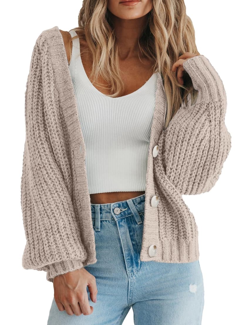 PRETTYGARDEN Women's Chunky Knit Open Front Cardigan Sweaters Fall Outfits | V Neck Button Loose Short Cardigan Outerwear Coats, Slouchy Drop Shoulder Loose Cute Sweaters, Fall Clothes for Work & Offi