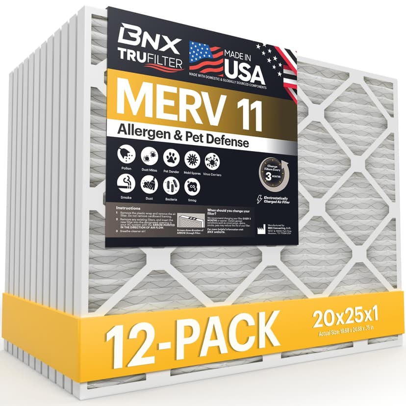 BNX TruFilter 20x25x1 Air Filter MERV 11 (12-Pack) - MADE IN USA - Allergen Defense Electrostatic Pleated Air Conditioner HVAC AC Furnace Filters for Allergies, Dust, Pet, Smoke, Allergy MPR 1200 FPR