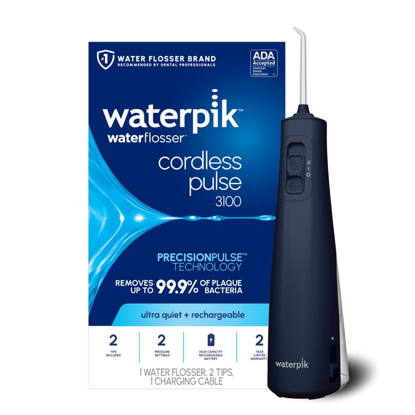 Waterpik Cordless Pulse 3100 Rechargeable Portable Water Flosser for Teeth, Gums, Braces Care and Travel with 2 Flossing Tips, Waterproof for Shower Use, ADA Accepted, WF-20 Blue, Amazon Exclusive
