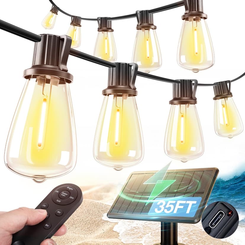 addlon 35FT Solar String Lights Outdoor Waterproof, 24+ Hrs Runtime, Patio | Remote Control & Dimmable Timer, USB & Solar Powered, 10 LED Shatterproof Bulbs + 1 Spare, Patio, Backyard, Porch & Camping