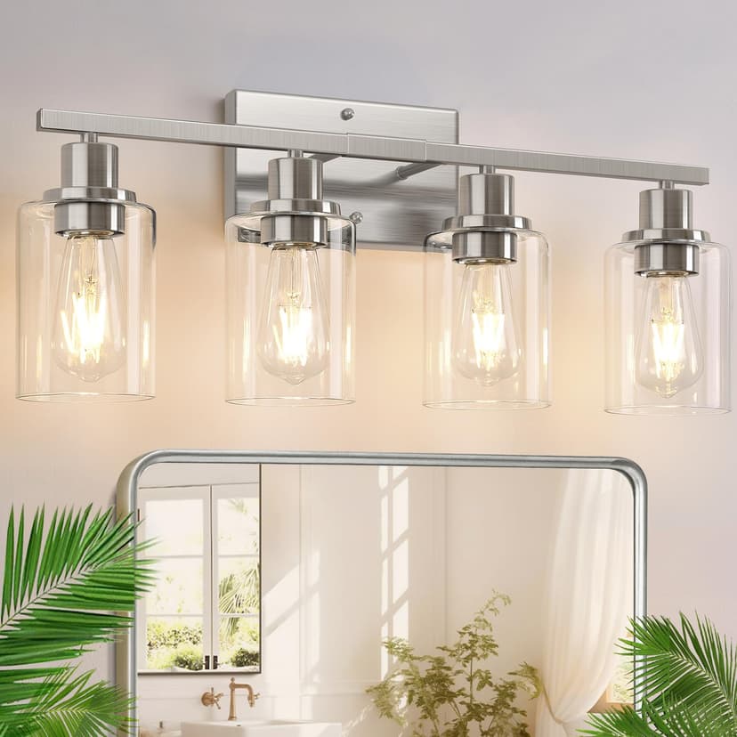 Indoi 4-Light Bathroom Light Fixtures, Brushed Nickel Modern Vanity Lights with Clear Glass Shades, Bathroom Wall Lamp for Mirror Living Room Cabinet Bedroom Porch
