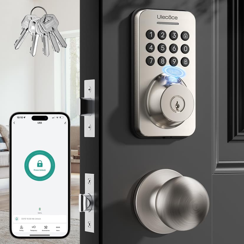 Ulecoce Fingerprint Keypad Deadbolt with Handle Set, Keyless Entry Door Lock, Door Locks for Front Door Lock Set, App Control, Auto Locking, Easy to Install, Satin Nickel
