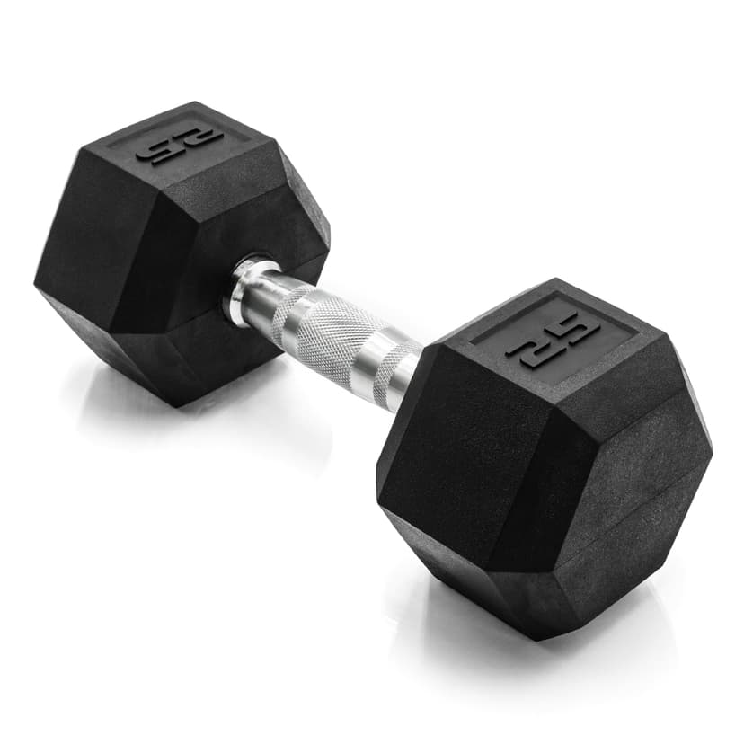 CAP Rubber Coated Dumbbell Weights, Free Weights for Home Gym Strength Training, Anti-Roll Hex Dumbbells with Black, Chrome & Comfort Grip Handles, Singles