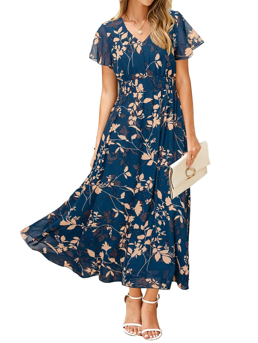 Simplee Womens Floral Maxi Dress - Short Sleeve Summer Boho Wedding Guest Dress Empire Waist Chiffon Modest Midi Dresses