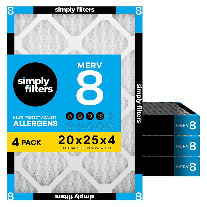Simply 20x25x4 Air Filter, MERV 8, 4 Pack, Furnace Air Filter for HVAC (Actual Size:19.5"x24.5"x3.63") DUST, Pet, & Allergy Control