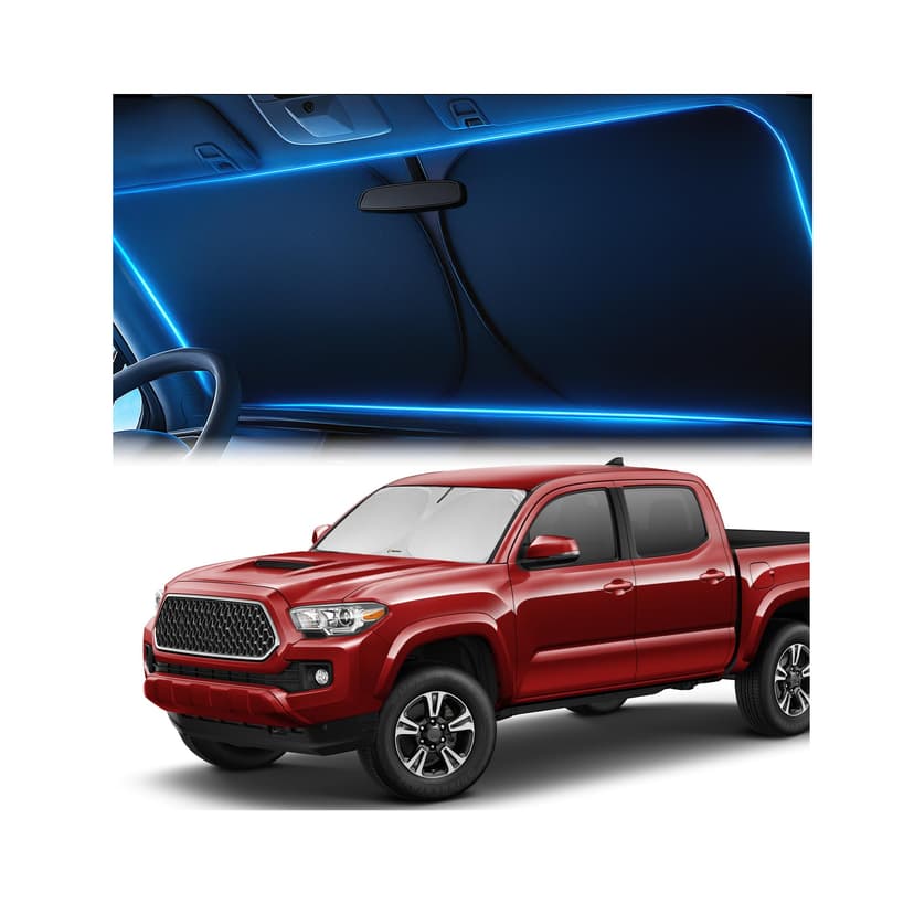 Windshield Sunshade for Toyota Tacoma 2016-2023 2024 2025 2026 - Innovative No-Light-Pass Technology, Mirror Cut-Out, Blocks 99% UV Rays, Fade-Resistant, Easy-Fold Tacoma Windshield Sun Shade