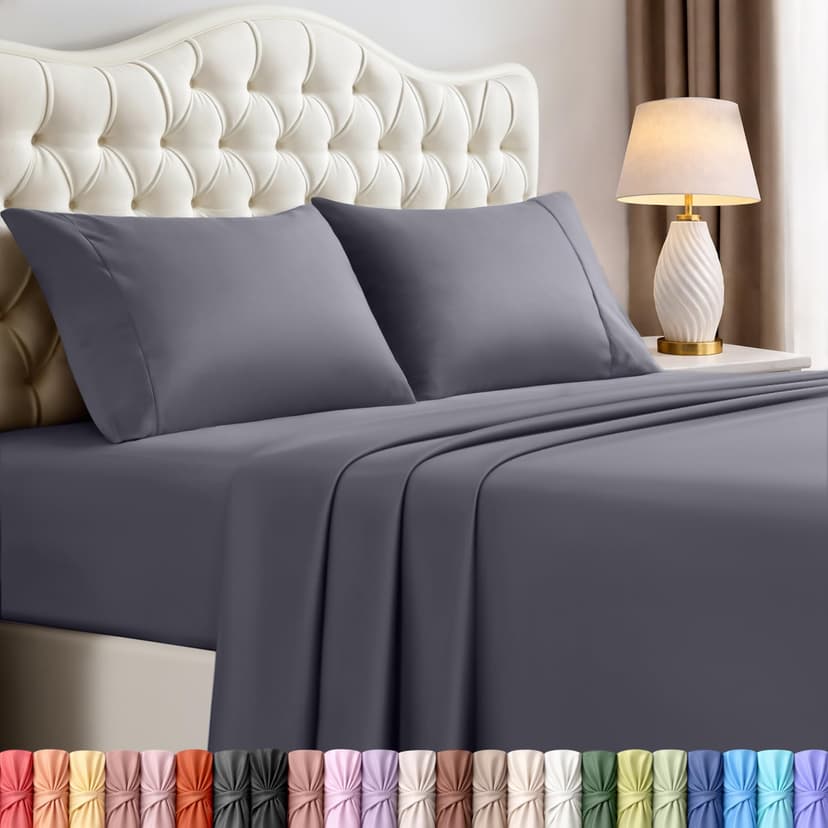 King Sheets Set, 4 Pieces 16" Deep Pocket Hotel Luxury Bed Sheets, Grey | Extra Soft Bedsheet Set, Comfy & Breathable Cooling Sheets, Wrinkle & Fade Resistant, Fitted Sheet, Flat Sheet, 2 Pillowcases