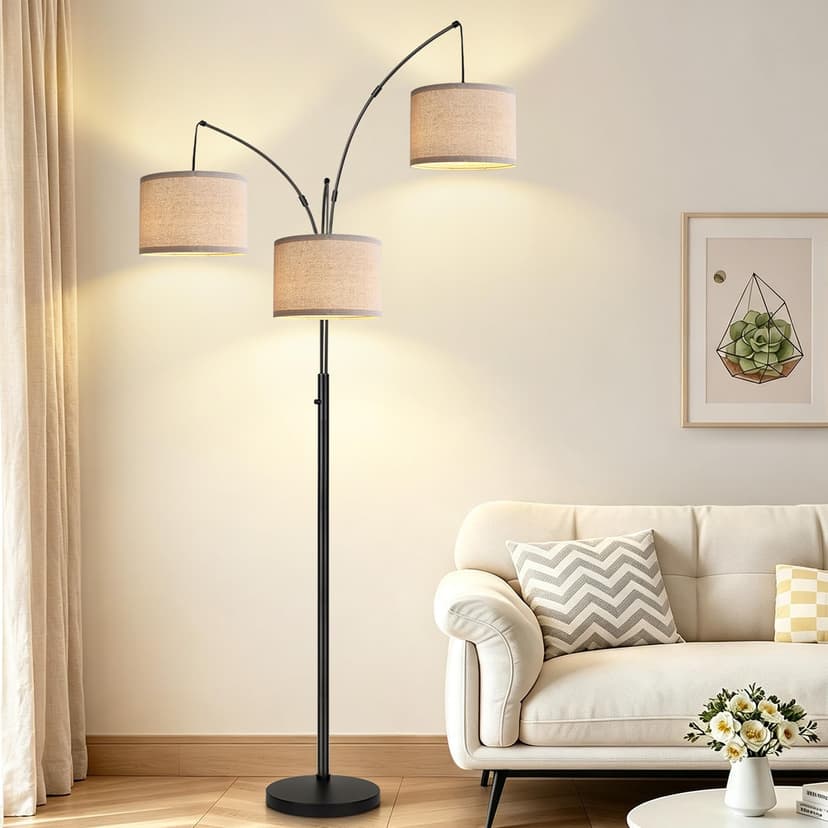 Dimmable 3 Lights Floor Lamp - 3000LM Super Bright Arc Floor Lamps for Living Room, Modern Tall Standing Lamp With Beige Shades, Mid Century Tree Floor Lamp for Bedroom Office, 3 LED Bulbs Included