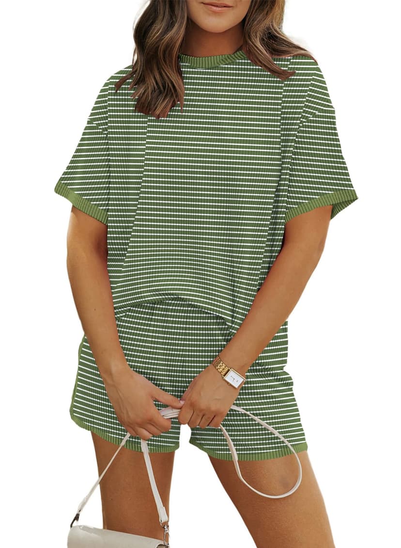 MARZXIN Women 2 Piece Shorts Set 2026 Casual Summer Cruise Outfits Ribbed Loose Short Sleeve Pocket Matching Lounge Sets