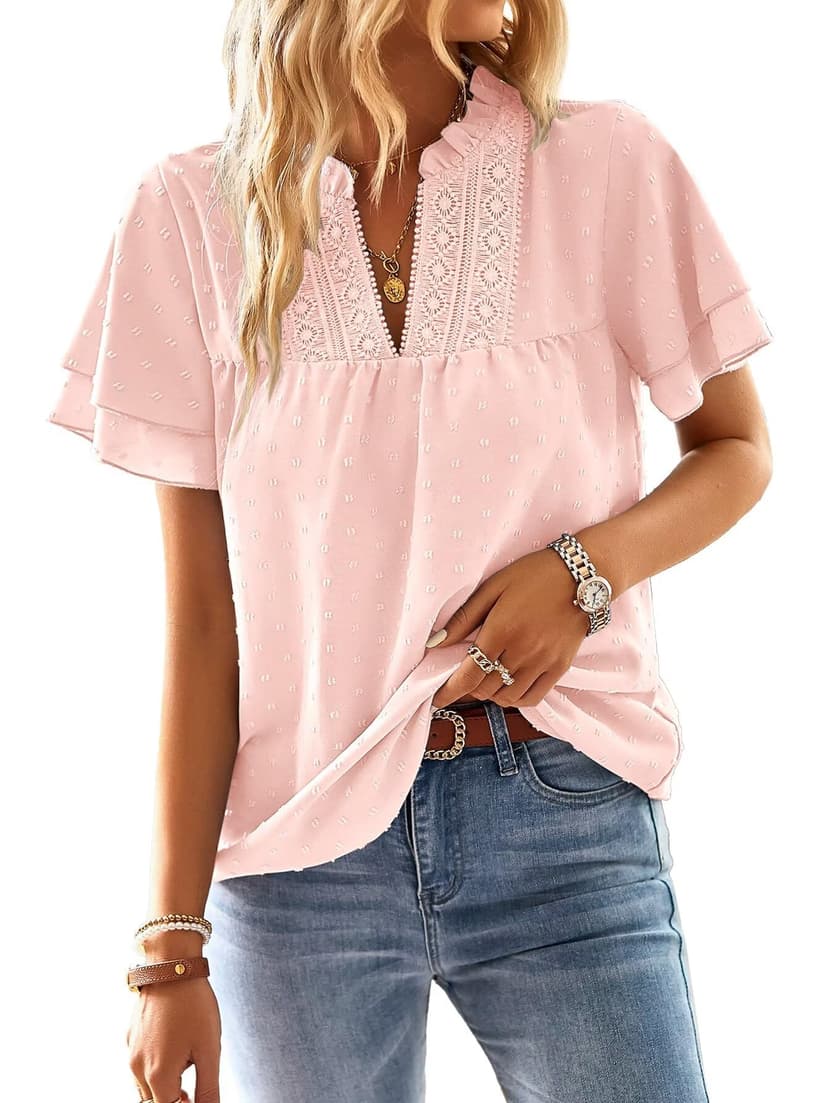 Falechay Womens Tops Boho Flowy Shirts Dressy Casual Short Sleeve Blouses | V Neck Loose Fit Blouses, Business Work, Hide Tummy, Lace Ladies Summer Outfits, Swiss Dot, Babydoll Crochet Clothes XS-6XL