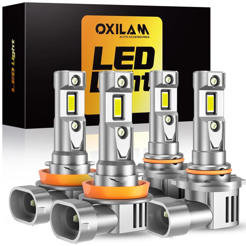 OXILAM Q36 H11 9005 Light Bulbs Combo, 70000lm 900% Brighter 6500K Cool White Light, 1:1 Size 9005/HB3 H11/H9/H8 DRL Fog Light Halogen Replacement, IP68 Waterproof, Pack of 4