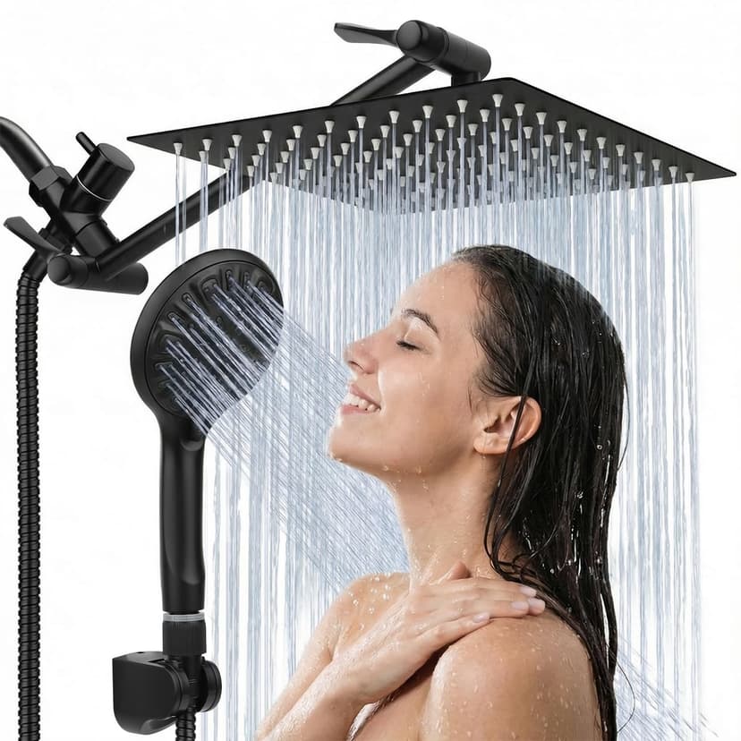 Tudoccy Shower Head, 8‘’ High Pressure Rainfall Shower Head/Handheld Shower Combo with 11'' Extension Arm, 9 Settings Anti-leak Shower Head with Holder, Height/Angle Adjustable, Matte Black