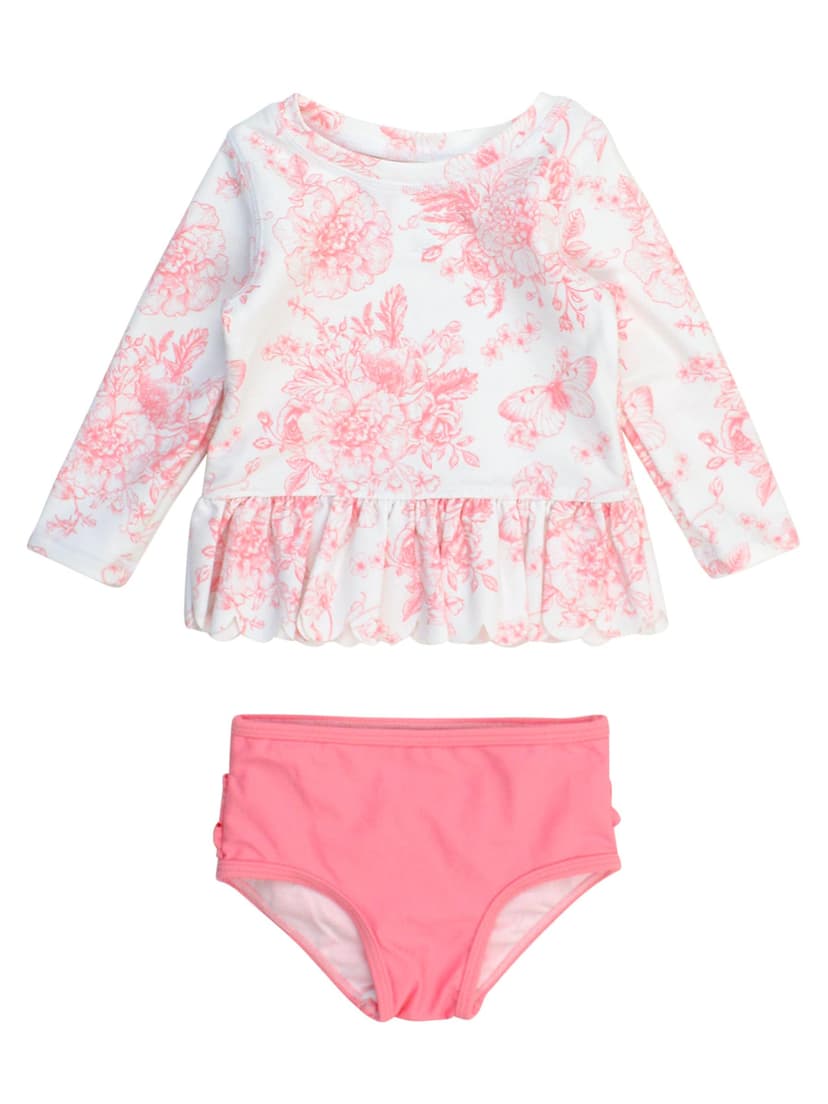 RuffleButts Baby/Toddler Girls Scalloped Long Sleeve Rash Guard 2-Piece UPF50+ Sun Protected Swimsuit